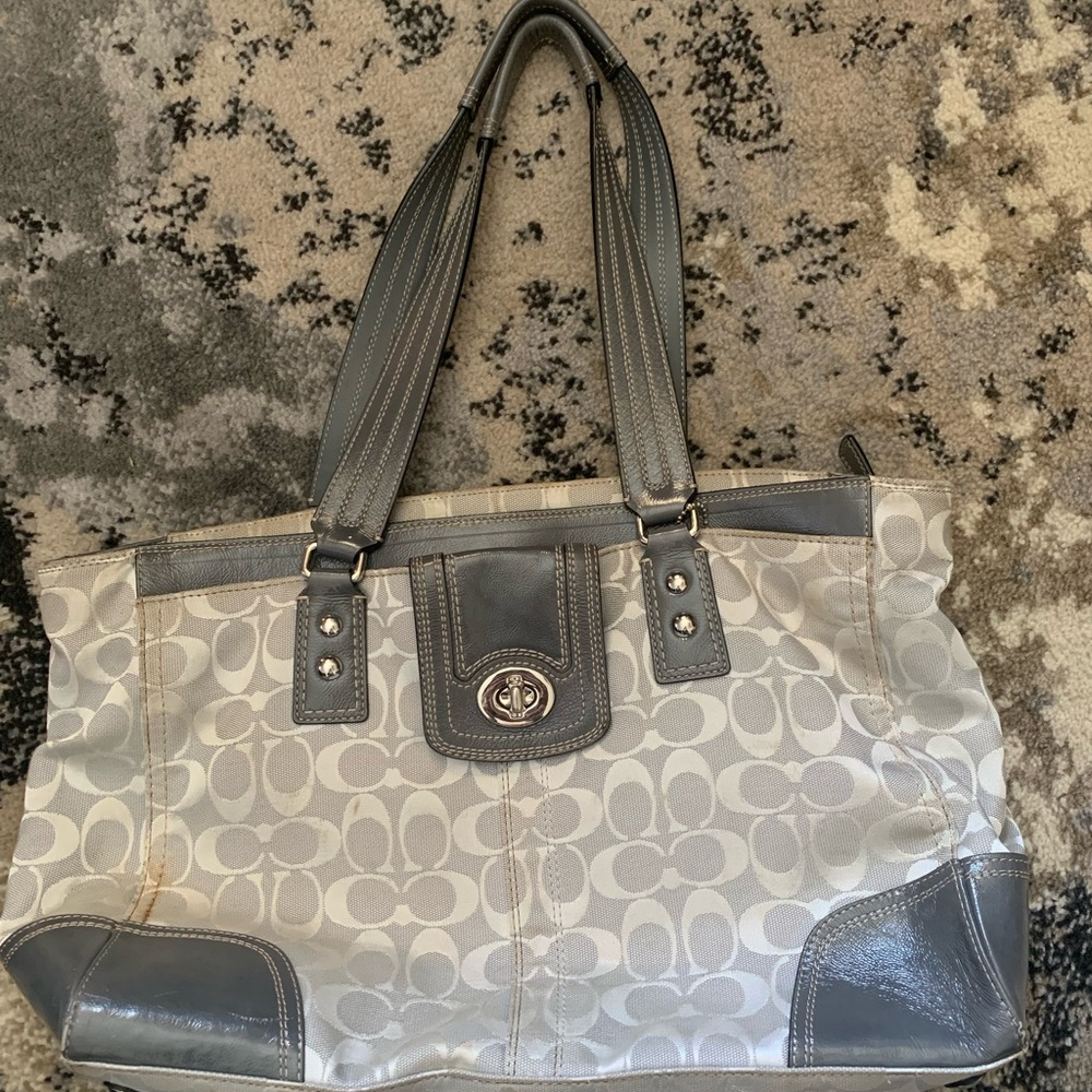 Coach Gray Signature Canvas Tote with Turn-Lock Accent